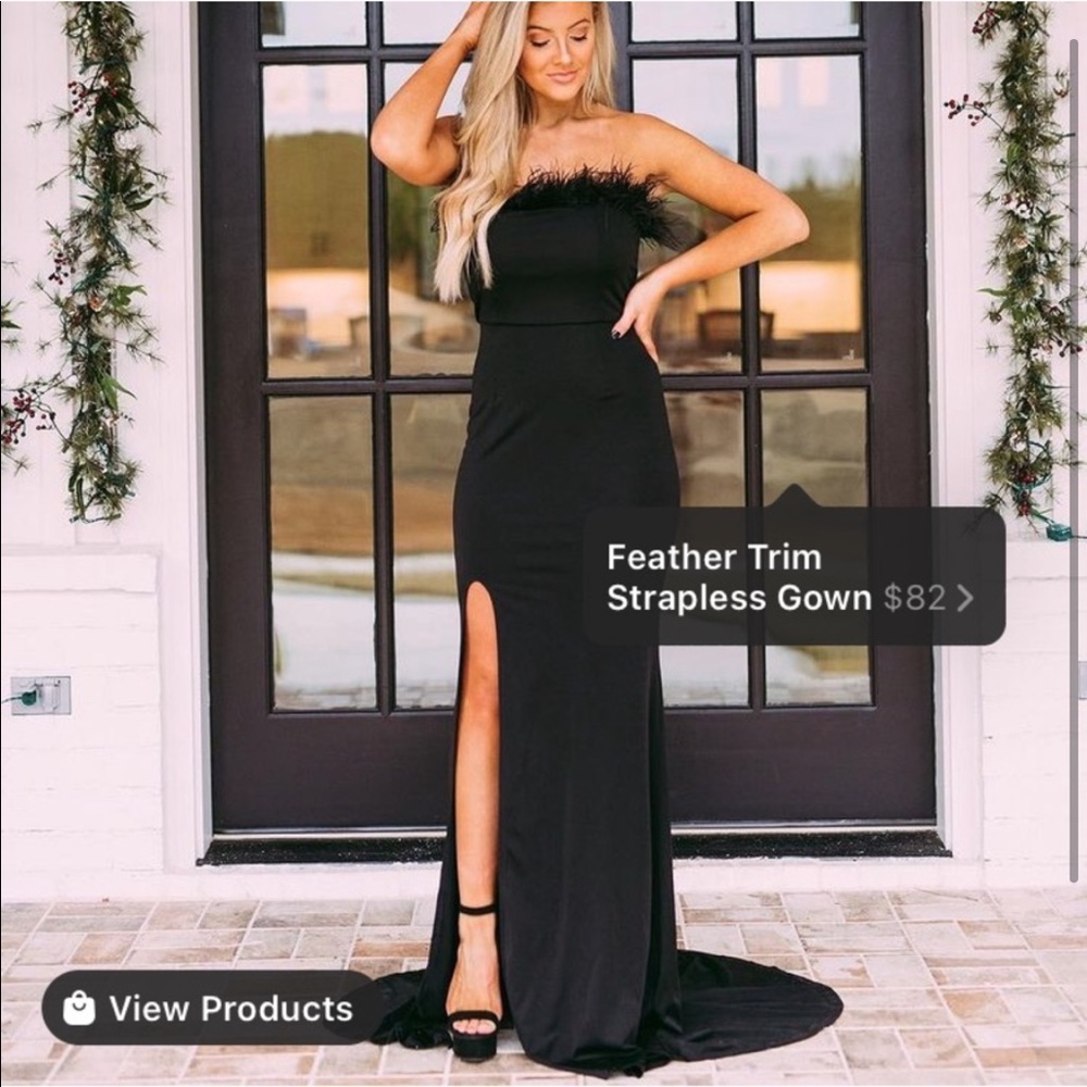 feather trim strapless gown in black